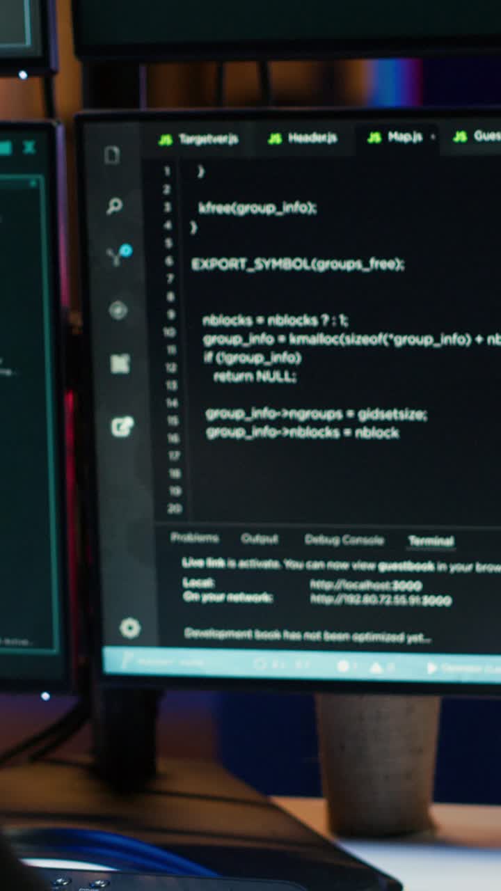 Vertical video Hacker building script able to trick firewalls, close up
