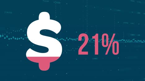 animation of dollar symbol filling up, increasing percentage and data processing on blue background