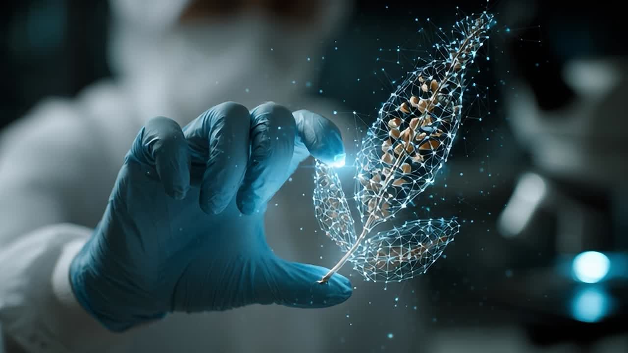 Scienziato che osserva la rappresentazione digitale della genetica e della biologia vegetale