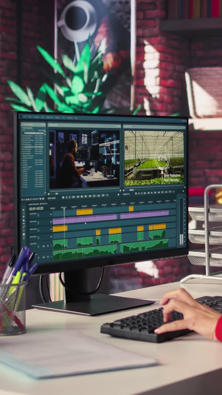Vertical Video Video creator woman editing a music video on dual monitors in loft studio