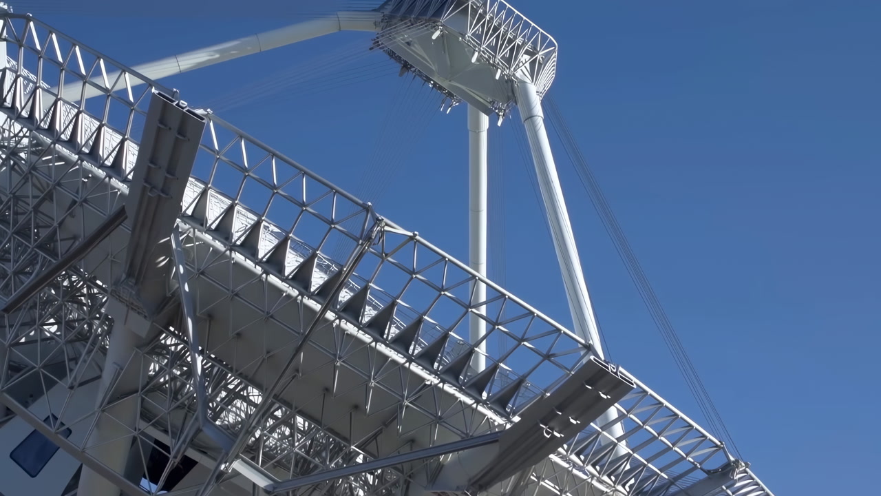 Parabolic Antenna Dish Clear Blue Sky Scanning Satellite Signals Industrial Steel Framework, Elevated Support