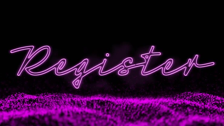 Animation of register purple neon text with purple glowing mesh over black background
