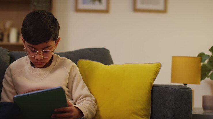 Primo piano di un giovane ragazzo seduto sul divano a casa che gioca o guarda contenuti in streaming su un tablet digitale 7