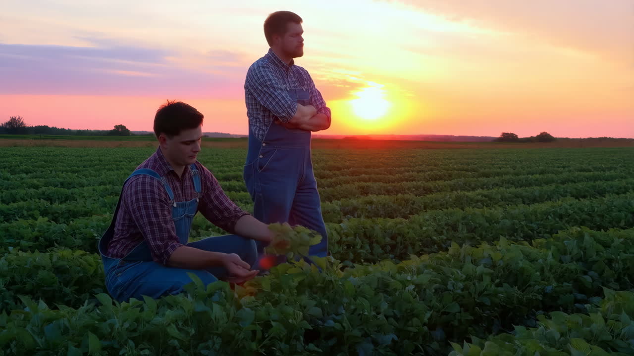 Farmers Inspecting Crops in a Field at Sunset