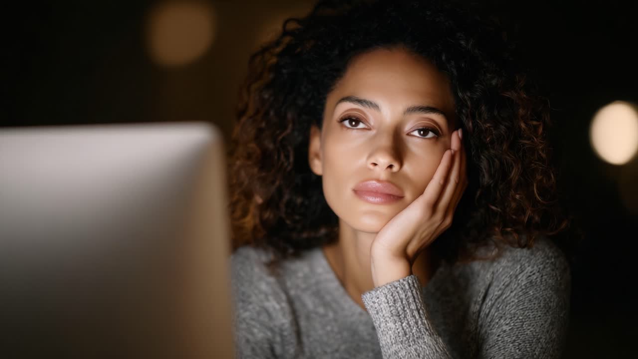 A contemplative moment captured in two frames, showing a woman lost in thought while sitting in front of a computer screen, conveying emotions of reflection and introspection