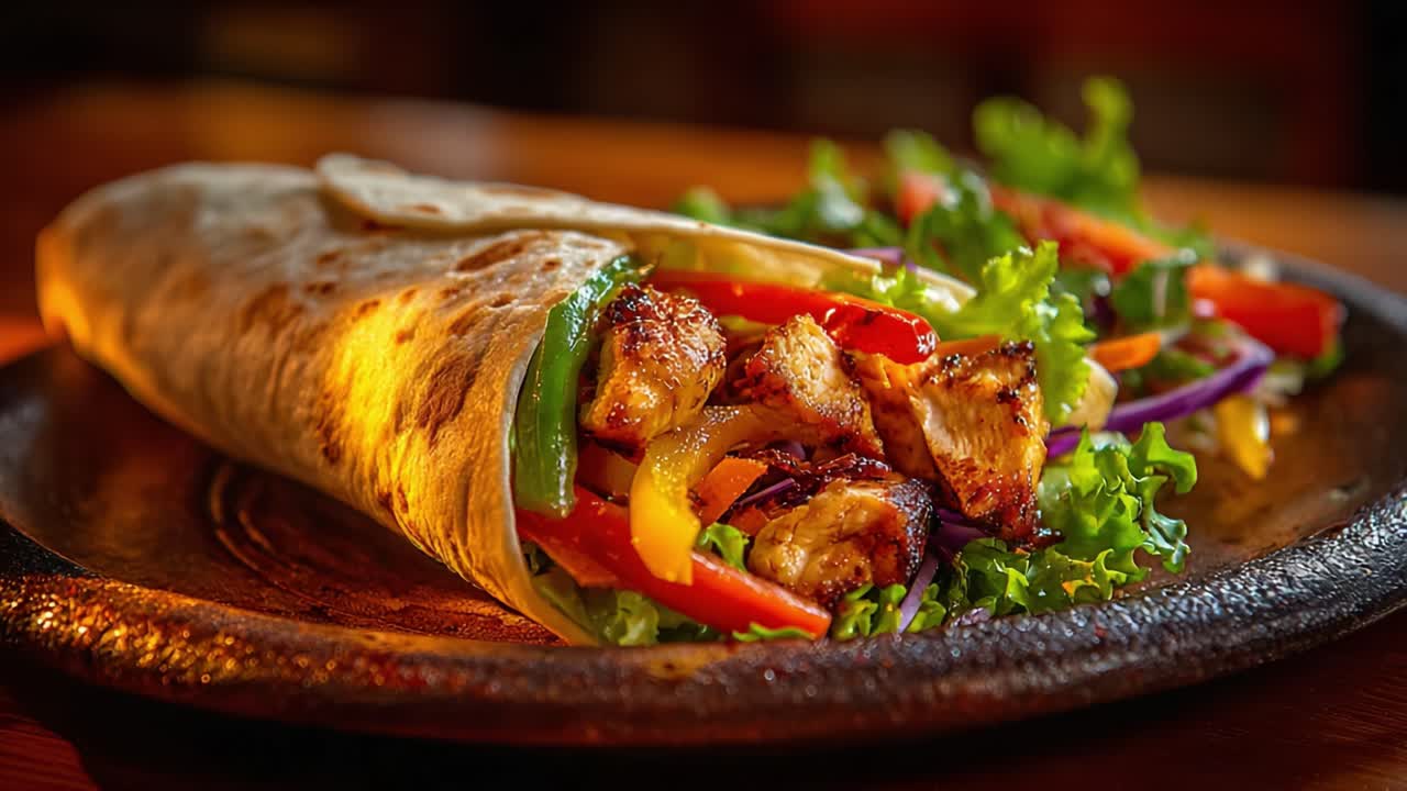 Deliciously Wrapped Grilled Chicken and Fresh Vegetables in a Soft Tortilla, Showcasing Colorful Ingredients and an Appetizing Presentation of Healthy Cuisine