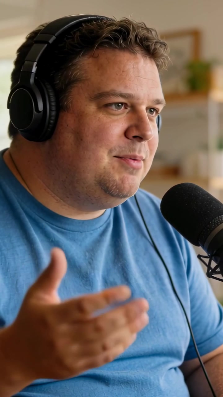 Vertikal video: Podcaster i blå T-shirt og hovedtelefoner læner sig frem og taler ind i en mikrofon i et studie, optager