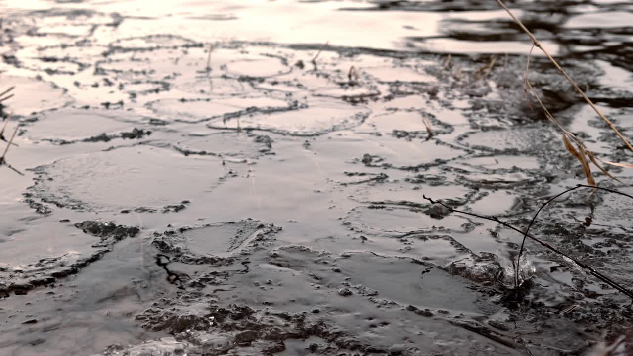 Slow Motion  Sun shining on ice in river