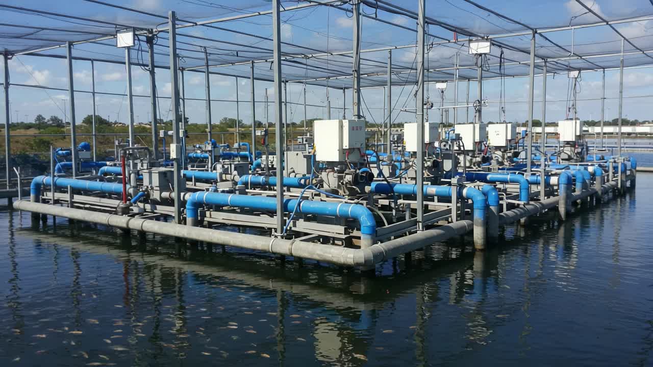 A Comprehensive Overview of a Water Treatment Facility Featuring Blue Piping and Equipment in a Controlled Environment Under Structural Canopies