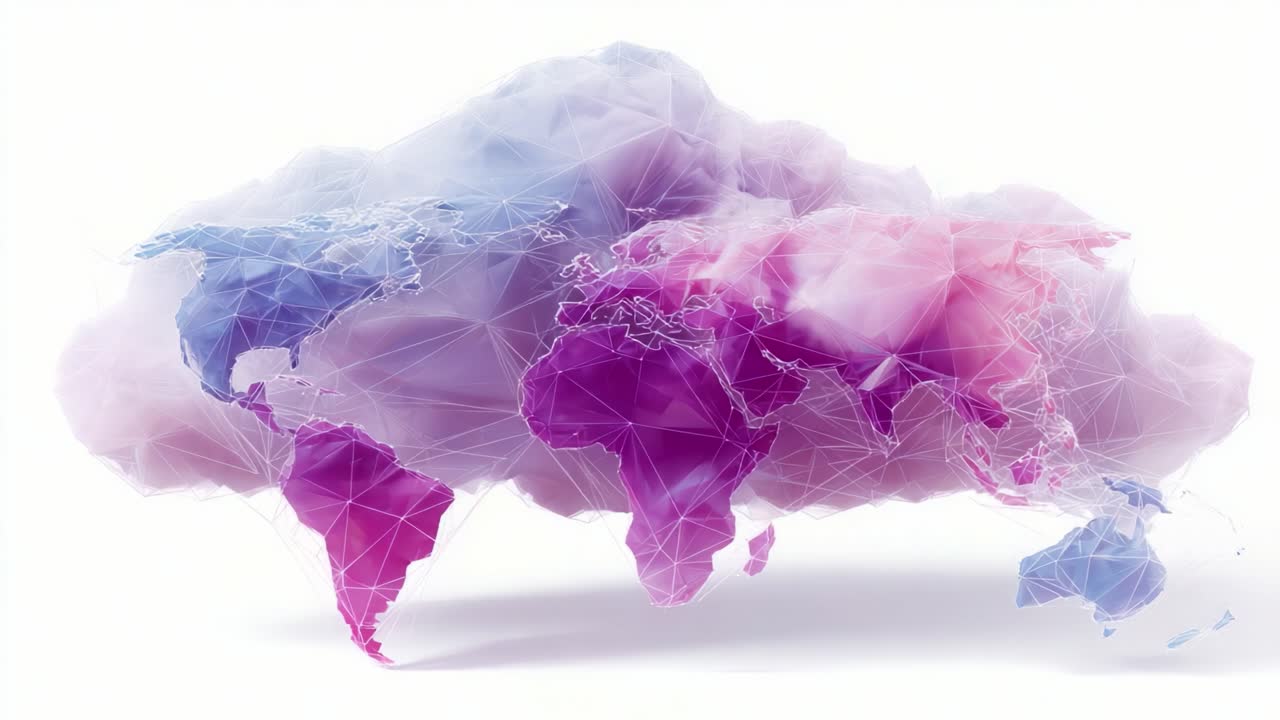 A Stunning Digital Representation of a World Map Enveloped by a Colorful Geometric Cloud Composed of Vivid Shades of Pink and Blue, Capturing a Modern Aesthetic of Global Connectivity