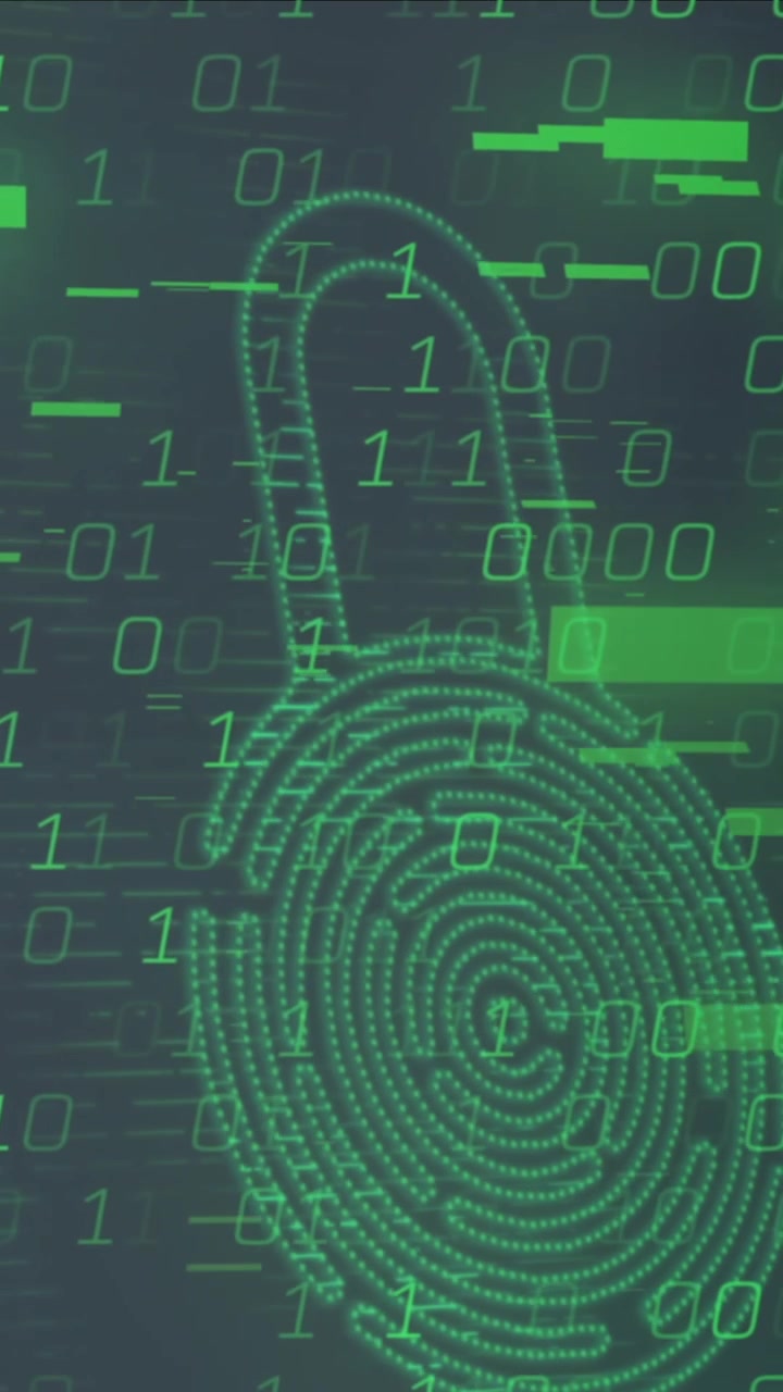 Animation of binary coding data processing over security padlock icon against grey background