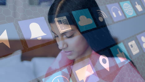 using animation, woman interacting with digital interface and app icons floating