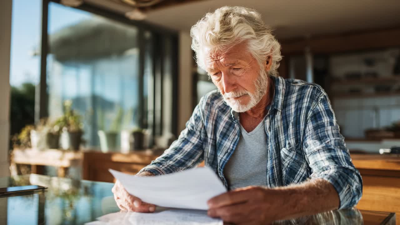 An elderly man with gray hair and a beard sits at a table, deeply focused on the documents in his hands, reflecting a moment of contemplation and decision-making in a warm, well-lit interior environment