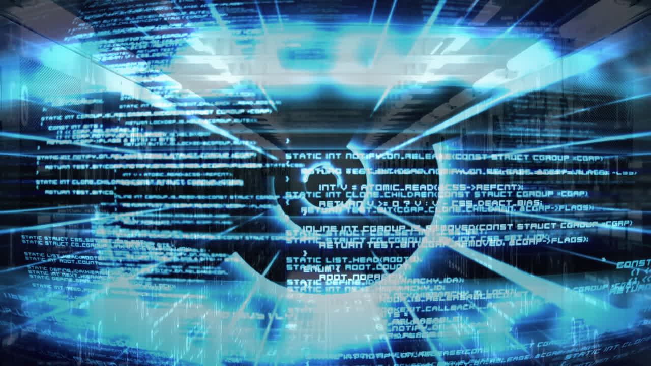 Animation of circular tunnel over computer language against server room in background