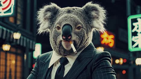 koala in a pinstripe suit smoking a cigarette