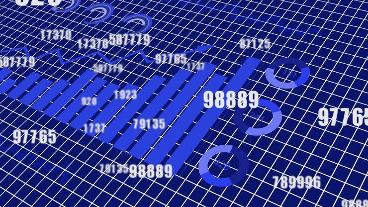 Animazione di elaborazione di numeri e dati finanziari su sfondo a griglia