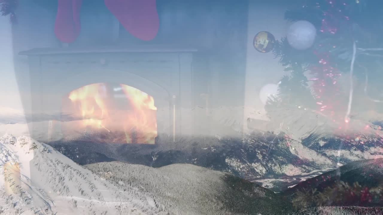 뒷면에 겨울 풍경 위에 벽난로와 크리스마스 트리의 애니메이션