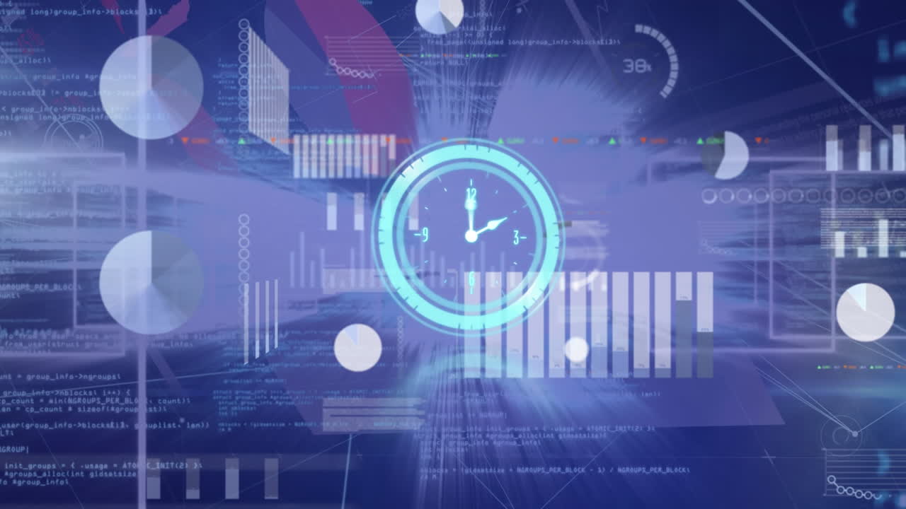 Animation of clock ticking and data processing over cityscape
