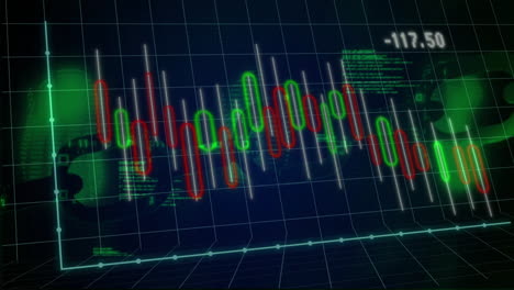animation of fluctuating red and green financial graph on dark grid background