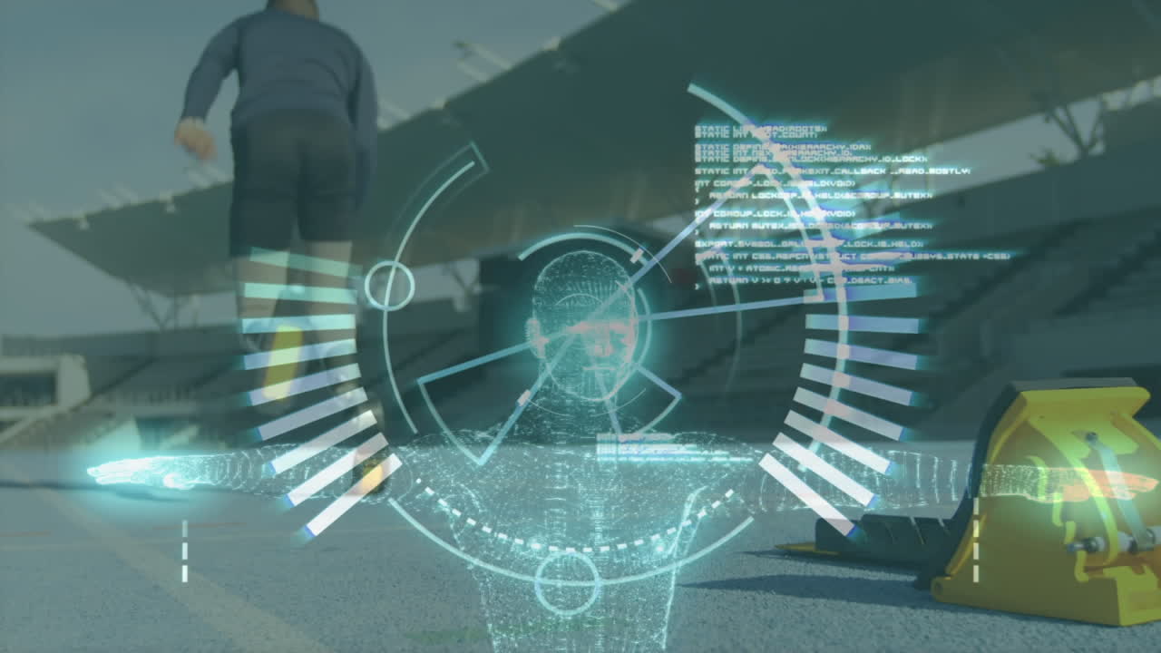 네트워크 연결과 프로테시 다리를 가진 운동 선수가 배경으로 달리고 있습니다.