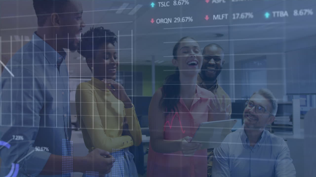 Animation of stock market data processing over diverse colleagues discussing and laughing at office