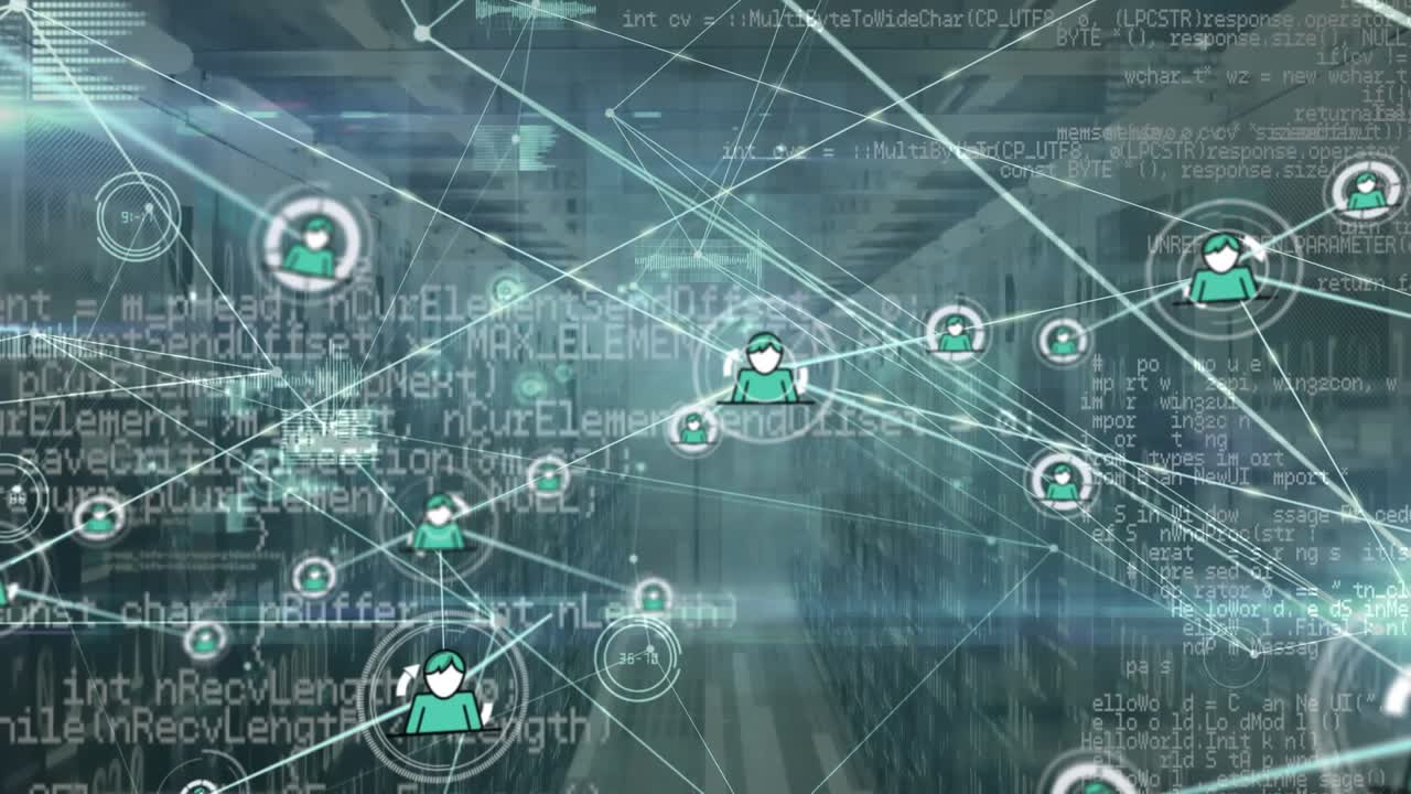 Animation of connected icons, sound waves, programming language and lens flare on server room