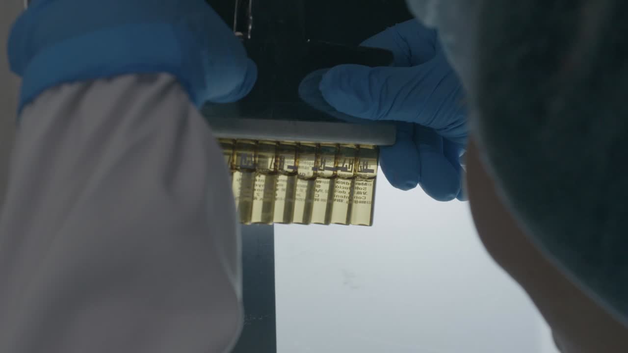 Ricercatore che controlla e convalida il livello di riempimento delle bottiglie per garantirne la conformità agli standard.