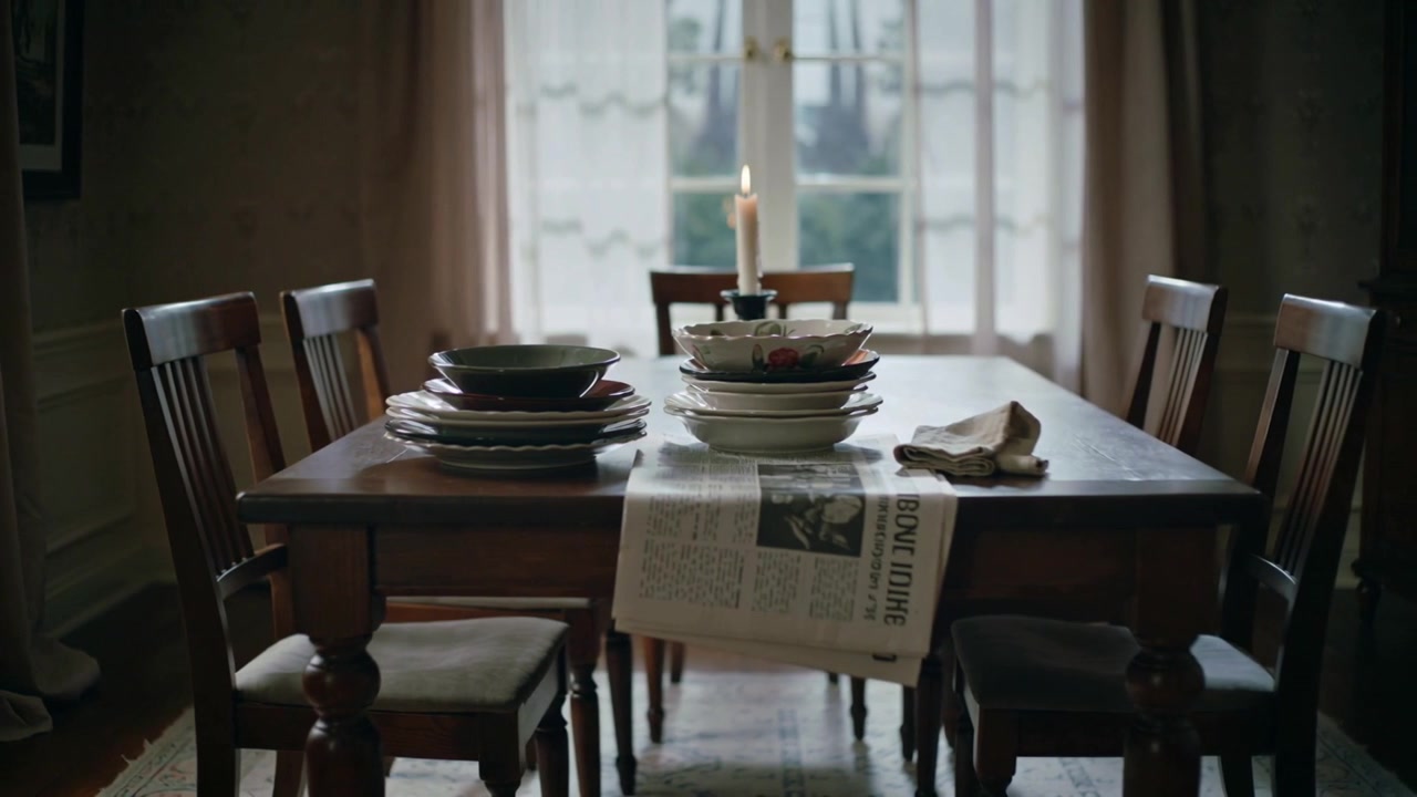 Moving camera framing wooden dining table at window, highlighting lit candle, stacked plates