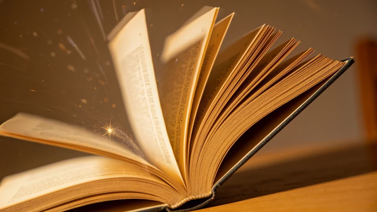 Pagine di un libro rilegato che vengono sfogliate a ventaglio su un tavolo di legno, rilasciando particelle di polvere e piccole scintille.