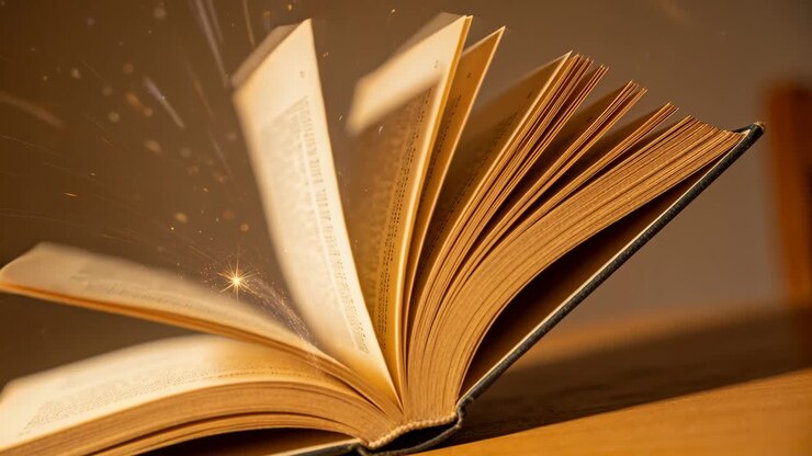 Pagine di un libro rilegato che vengono sfogliate a ventaglio su un tavolo di legno, rilasciando particelle di polvere e piccole scintille.