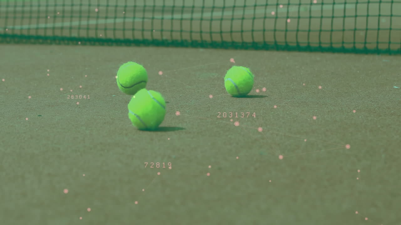 Three tennis balls floating and landing near net on court, showing digital analytics overlays in 3D