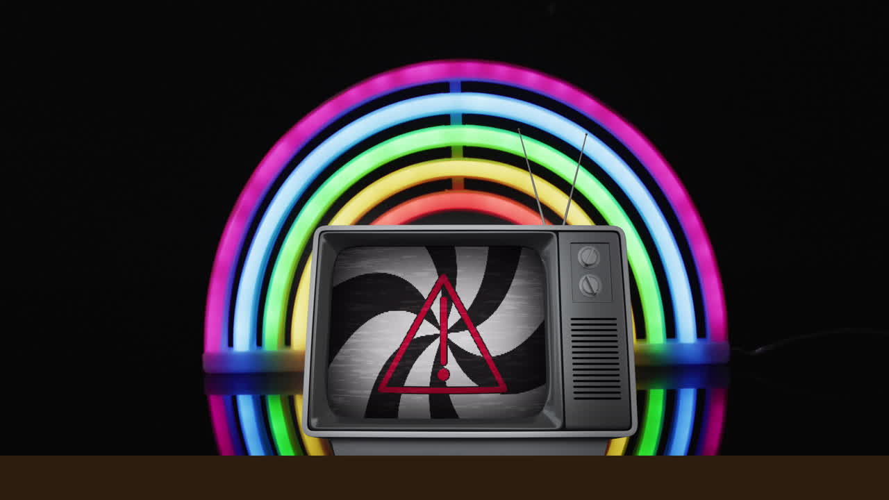 animación de rayas blancas y negras y triángulo de advertencia sobre televisión retro en círculos de neón