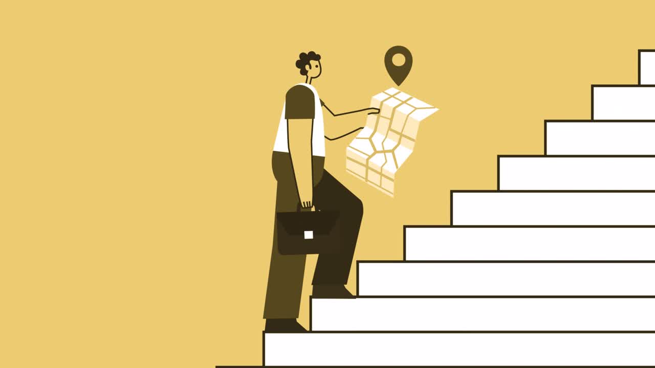 hombre de estilo amarillo con maletín personaje plano sube las escaleras con mapa gps. animación de bucle aislado con canal alfa