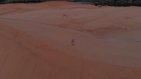 toma aérea cinematográfica de drones del amanecer dorado sobre las remotas dunas de arena de vietnam con arena intacta y cielo nublado-3