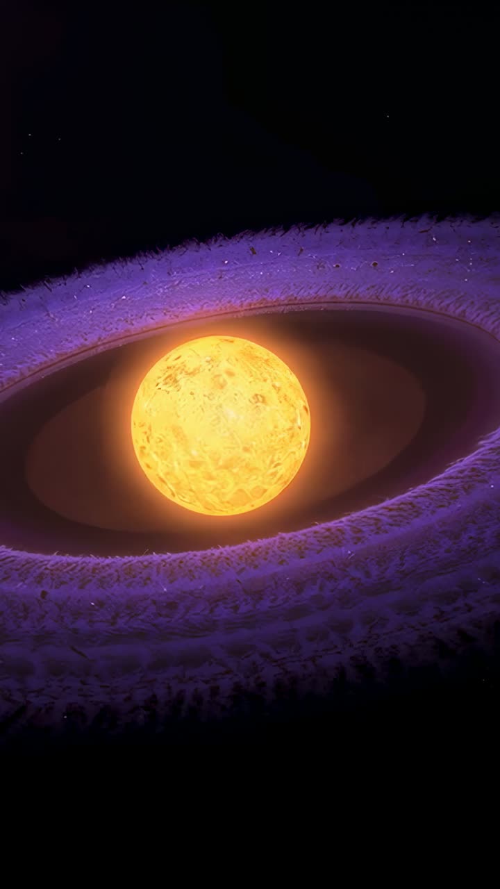 Video verticale: stella dorata pulsante a causa della deriva della camera nello spazio, anello viola con macchioline che si spostano