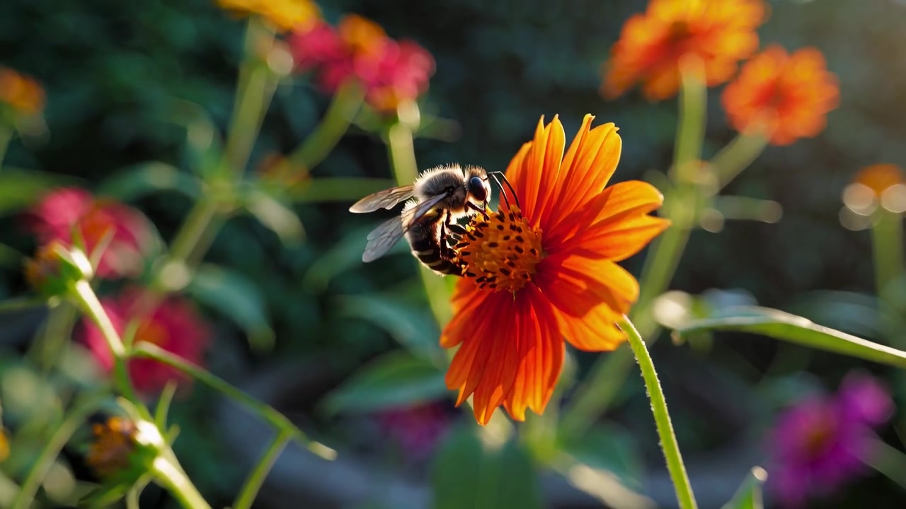 Close-up of a Bee Pollinating a Vibrant Orange Flower