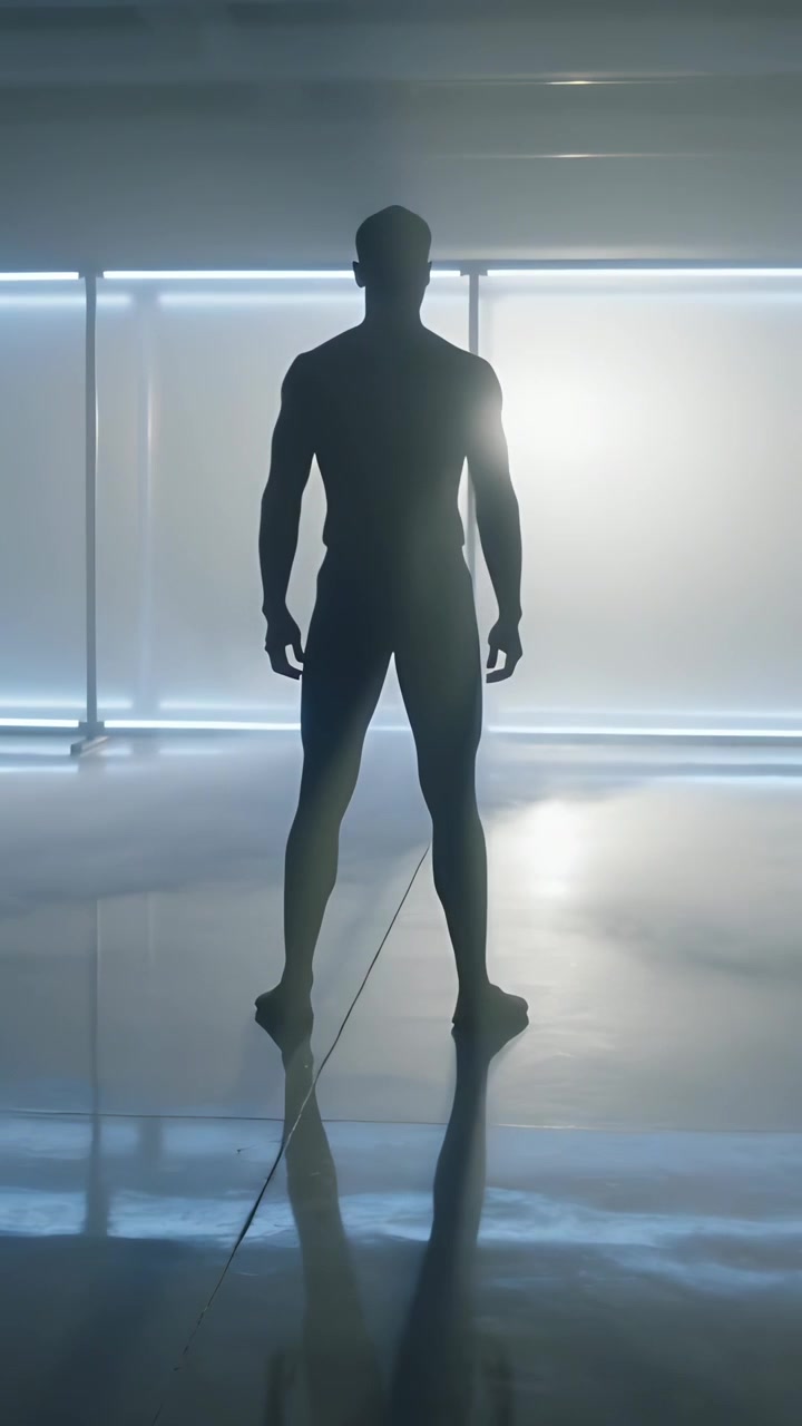 Vertical video: Standing man silhouette in tight suit barefoot, backlit by panels, reflecting below