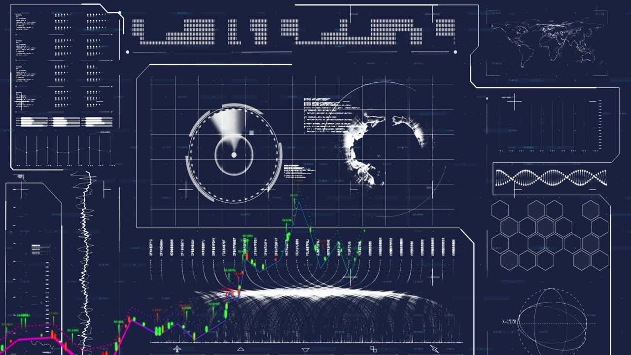 Animation of interface with data processing and spinning globe against blue background