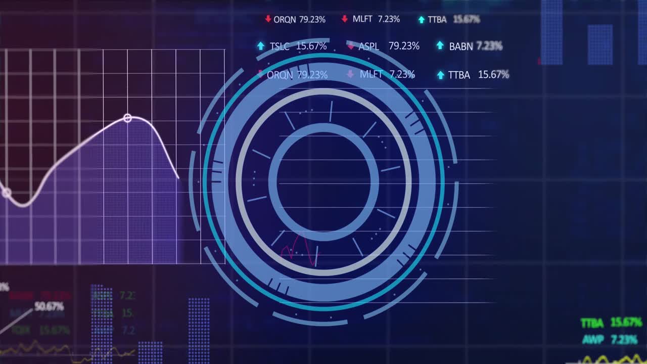 Animation of neon round scanner spinning over statistical and stock market data processing