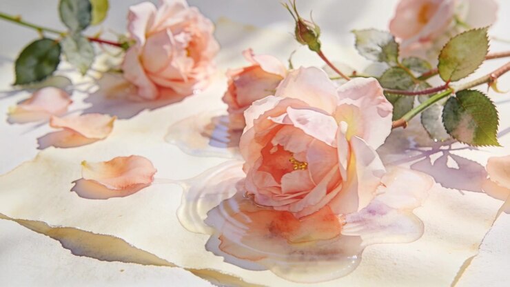 La telecamera si sposta, un bocciolo di rosa rosa pallido si inclina e si posa su carta strappata, rivelando stelo e acqua.