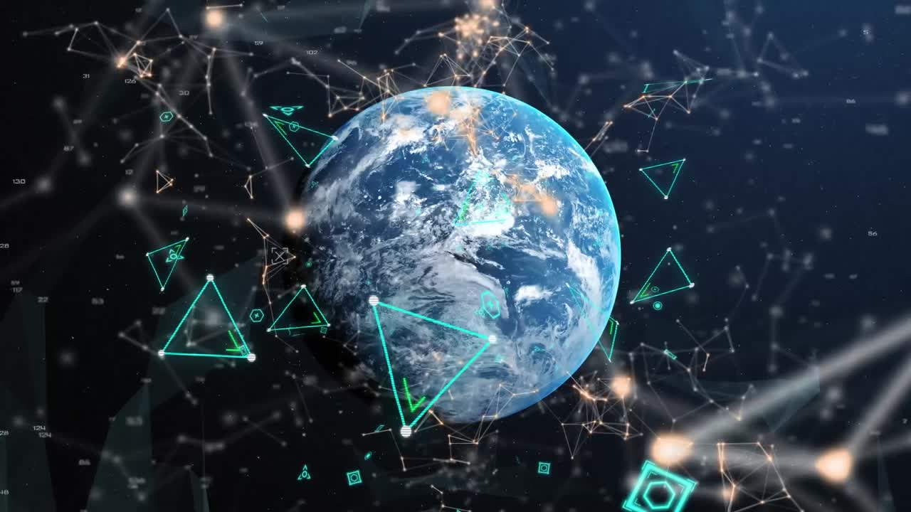 animación de formas abstractas flotando sobre el globo sobre un fondo azul.