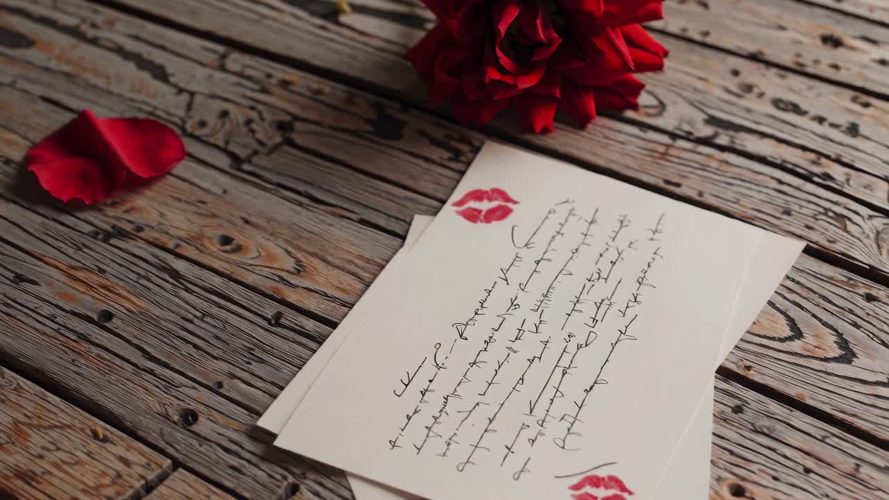 Top-down view of handwritten love letters with lipstick marks on rustic wood