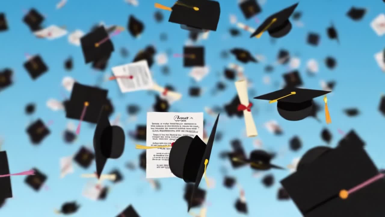 Students toss their graduation caps into the clear blue sky to celebrate their accomplishments during a joyful ceremony. Friends and family cheer as they commemorate this significant milestone.