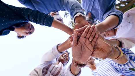 stacked hands, teamwork and business people