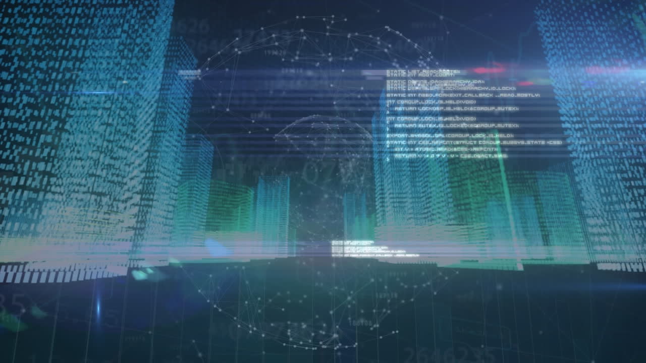 Animation of globe of network of connections and data processing against 3d city model