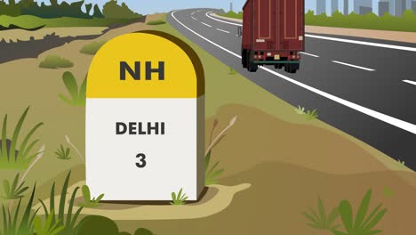 animation shot of highway milestone displaying distance to delhi city with carriage freight truck passing by the road