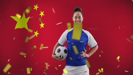Animación-De-Una-Jugadora-De-Fútbol-Birracial-Sobre-La-Bandera-De-China.