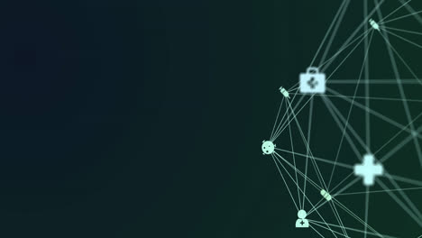 animation of digital interface and globe of network of connections with white icons turning on green
