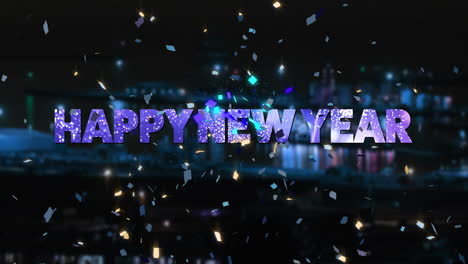 Animation-of-happy-new-year-text-and-confetti-over-cityscape-on-black-background