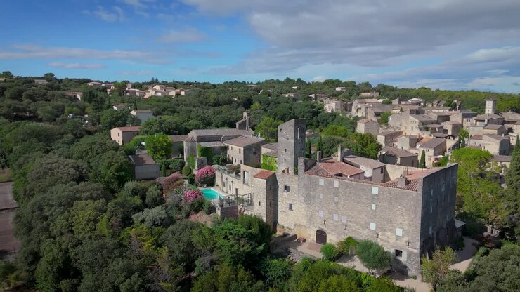 Ripresa aerea orbitante del bellissimo Chateau Pouzihllac vicino a Uzes, Francia